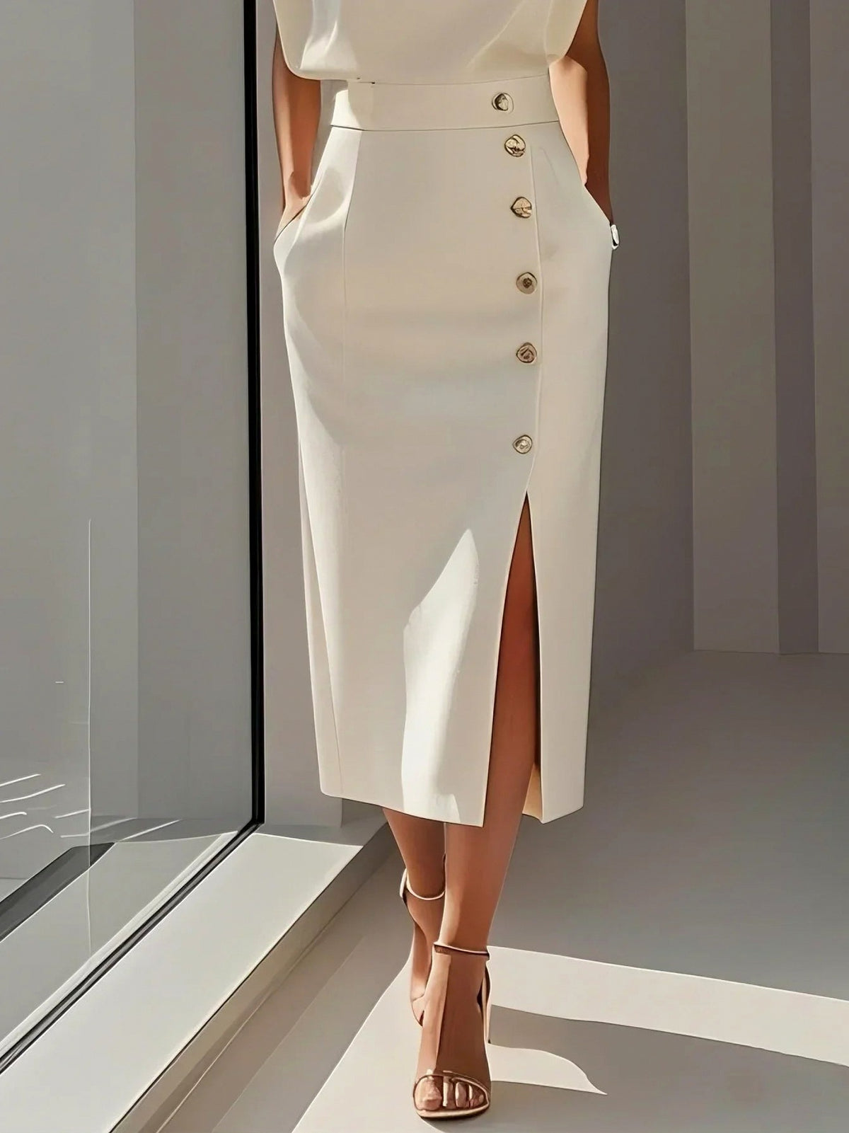 Button Front Padded Shoulder Midi Dress