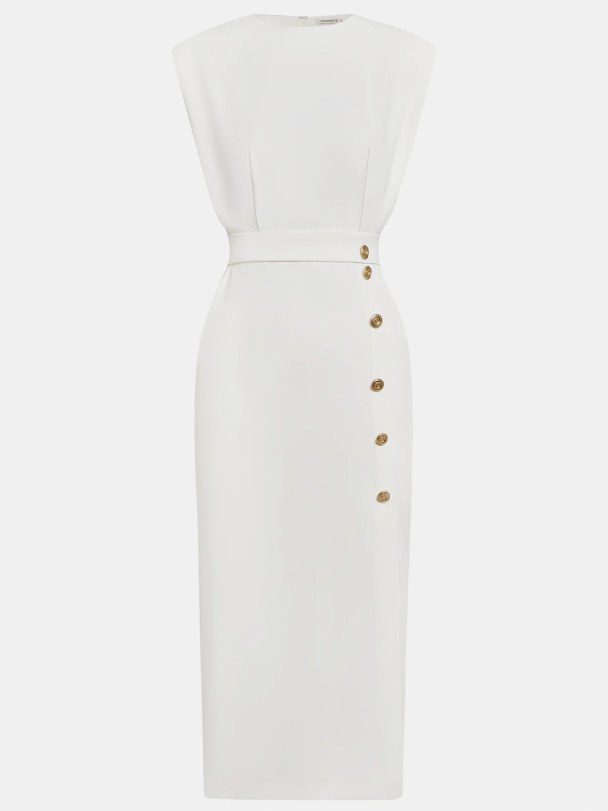 Button Front Padded Shoulder Midi Dress