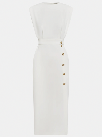 Button Front Padded Shoulder Midi Dress