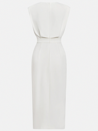 Button Front Padded Shoulder Midi Dress