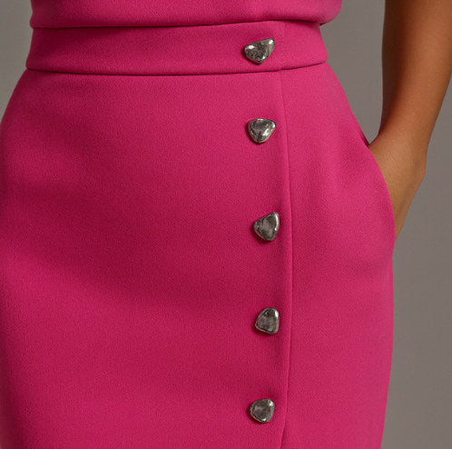 Button Front Padded Shoulder Midi Dress