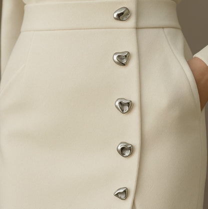 Button Front Padded Shoulder Midi Dress