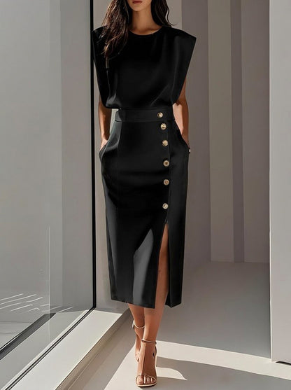 Button Front Padded Shoulder Midi Dress