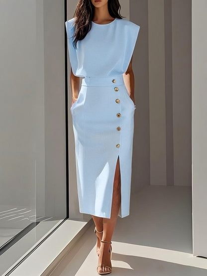 Button Front Padded Shoulder Midi Dress