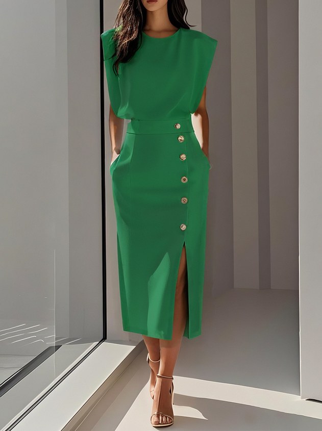 Button Front Padded Shoulder Midi Dress