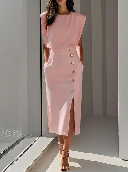 Button Front Padded Shoulder Midi Dress