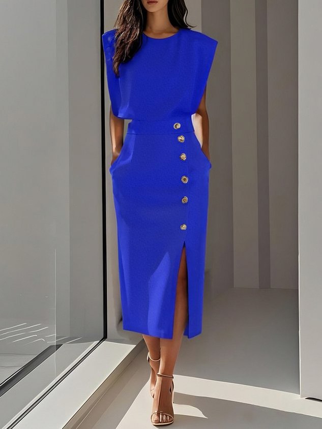 Button Front Padded Shoulder Midi Dress