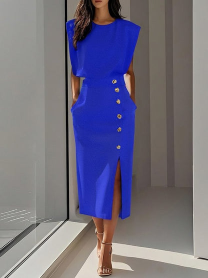 Button Front Padded Shoulder Midi Dress