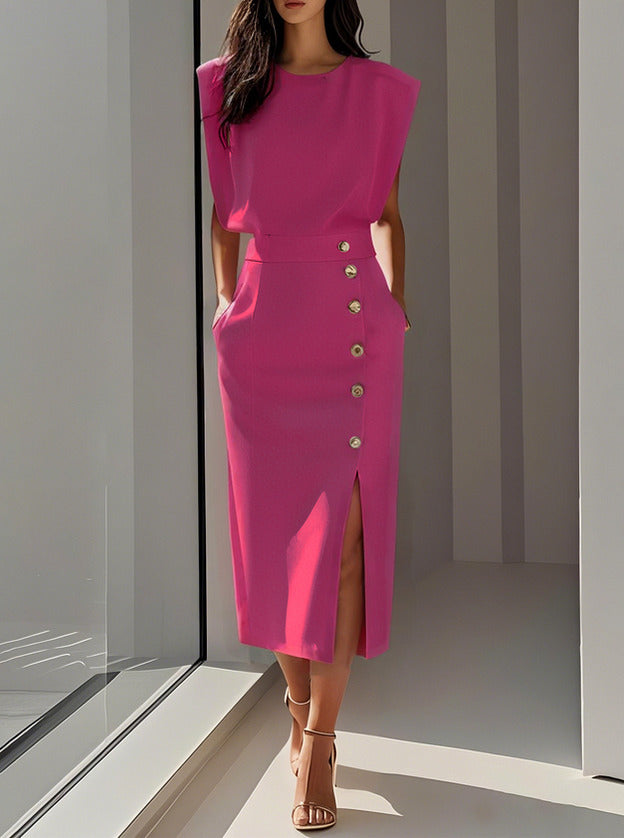 Button Front Padded Shoulder Midi Dress
