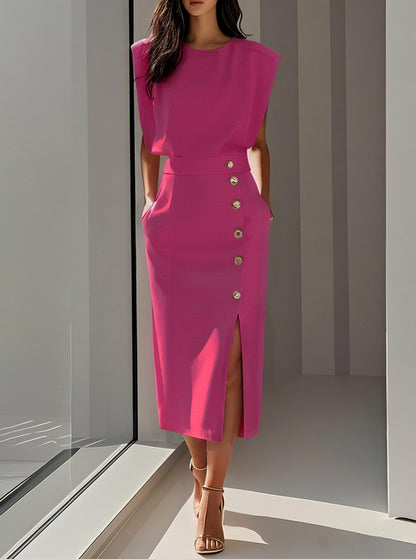 Button Front Padded Shoulder Midi Dress