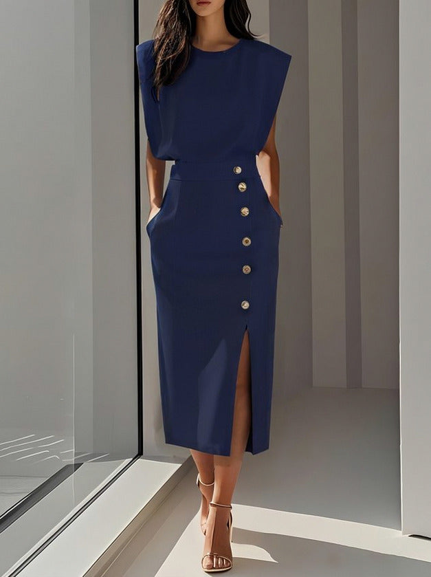Button Front Padded Shoulder Midi Dress