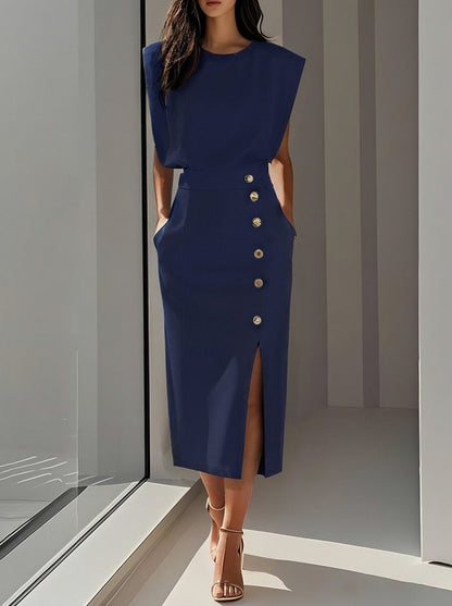 Button Front Padded Shoulder Midi Dress