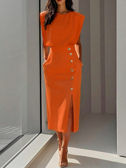 Button Front Padded Shoulder Midi Dress