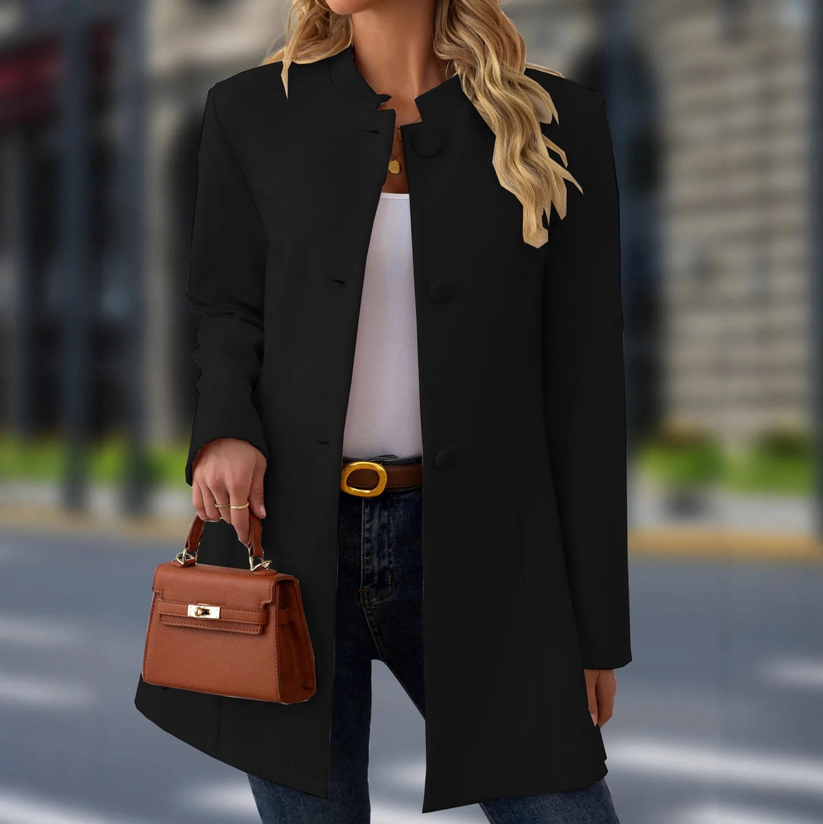 Button Front Stand Collar Coat