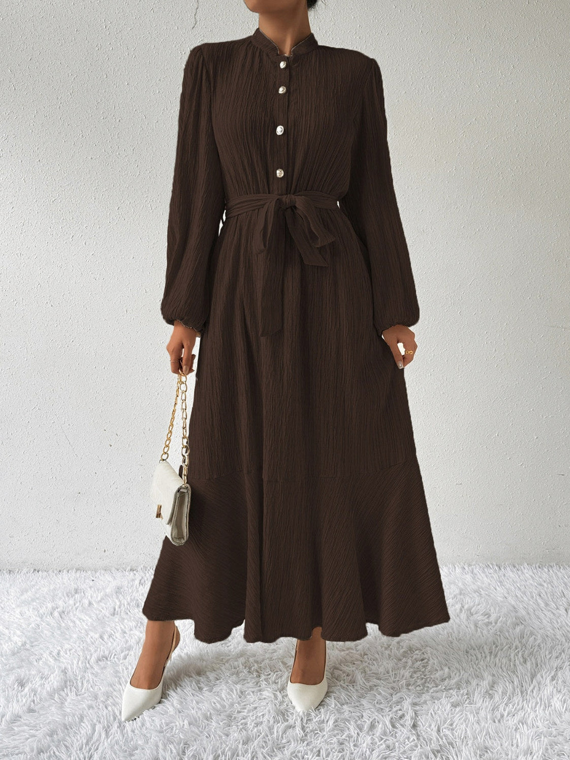 Button Front Tie Waist Maxi Dress