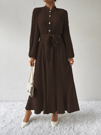 Button Front Tie Waist Maxi Dress
