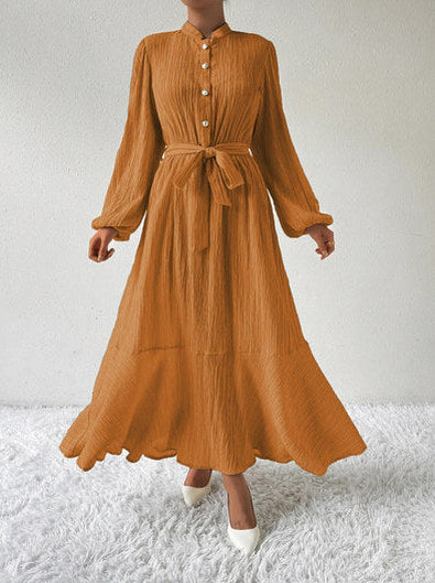 Button Front Tie Waist Maxi Dress