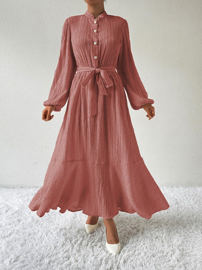 Button Front Tie Waist Maxi Dress