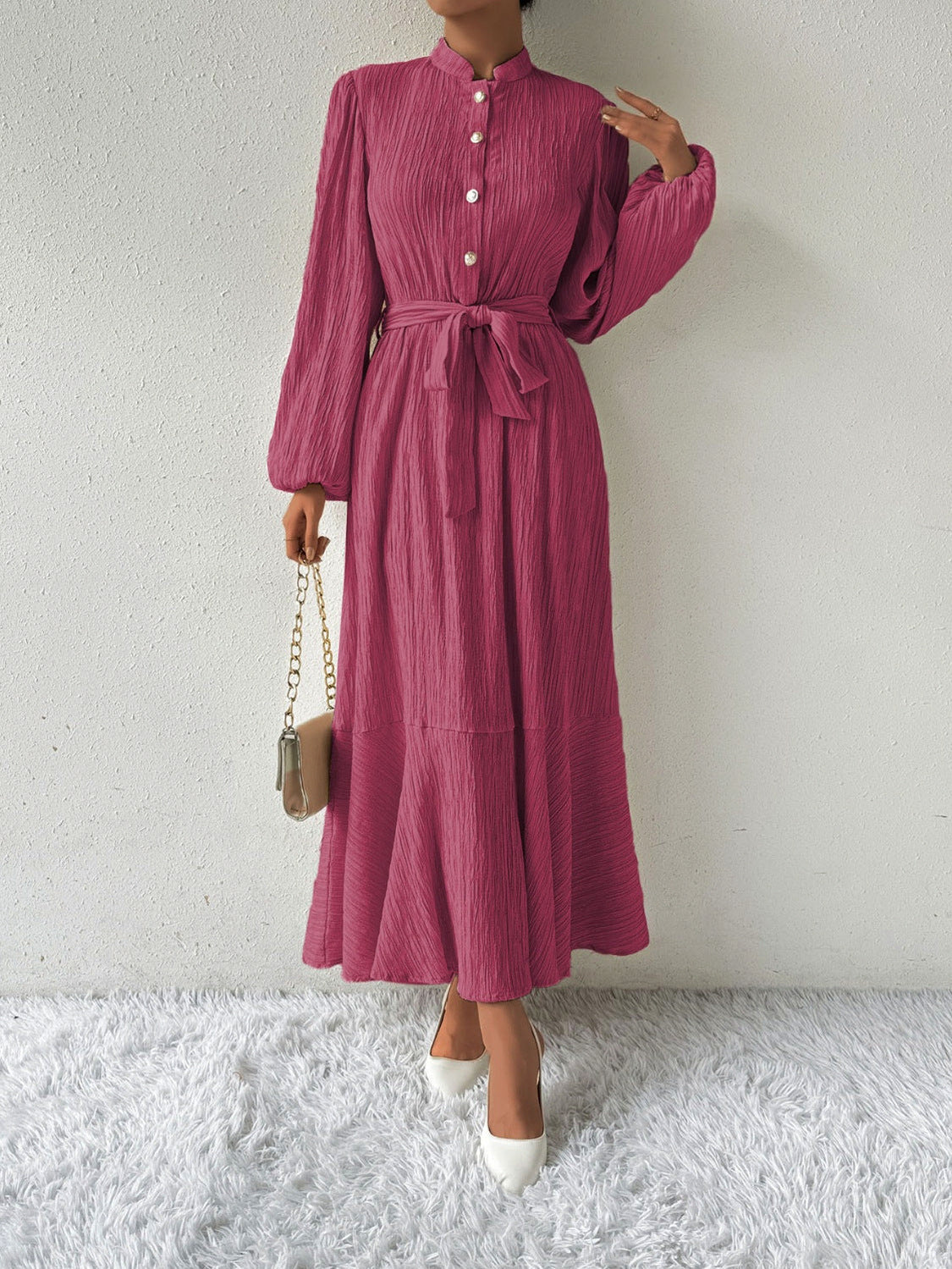 Button Front Tie Waist Maxi Dress