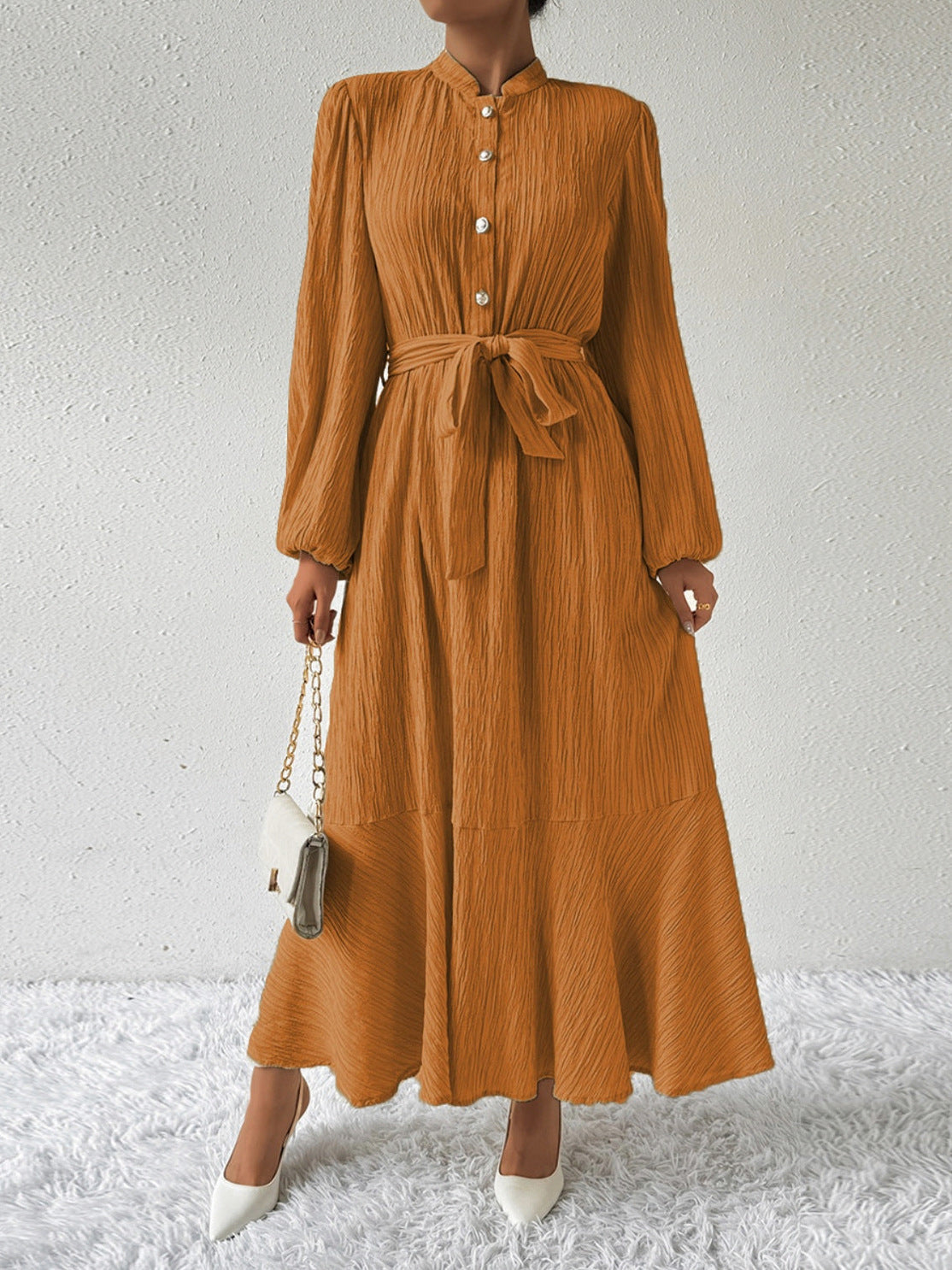 Button Front Tie Waist Maxi Dress