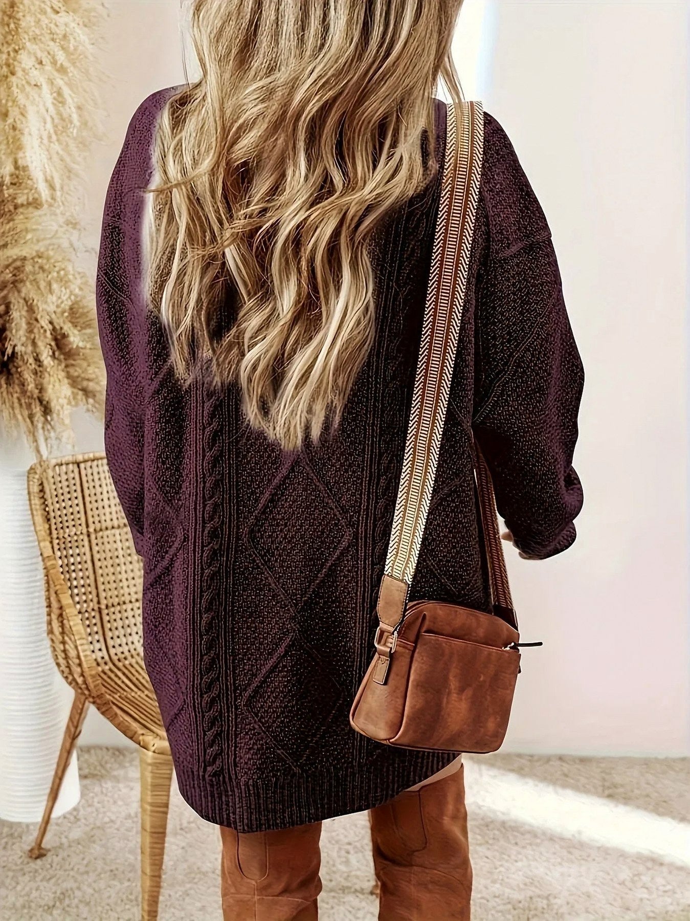 Cable Knit Crewneck Oversized Mini Sweater Dress