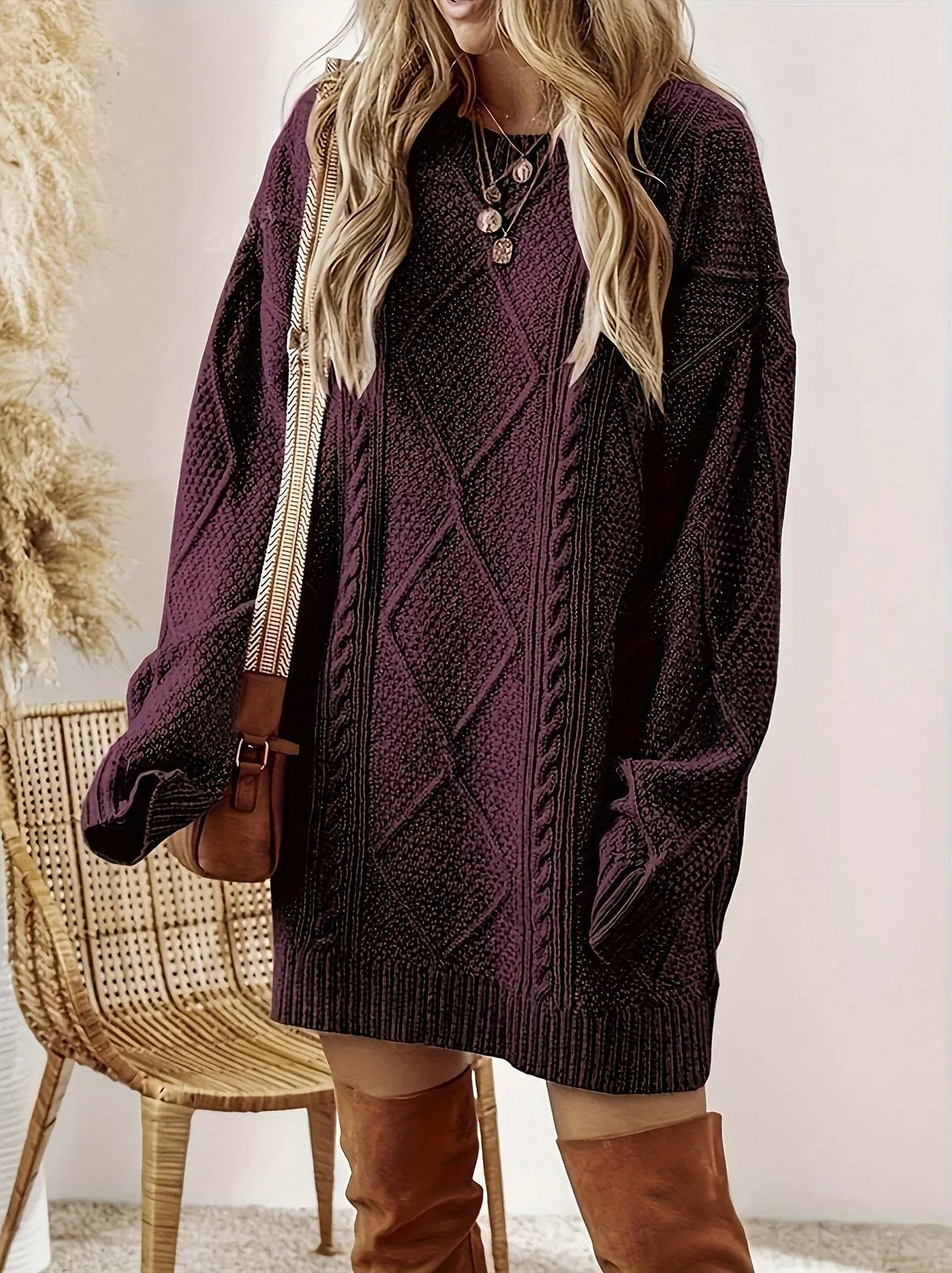 Cable Knit Crewneck Oversized Mini Sweater Dress
