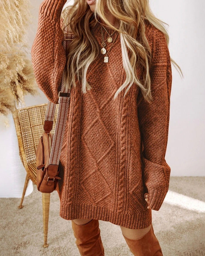 Cable Knit Crewneck Oversized Mini Sweater Dress