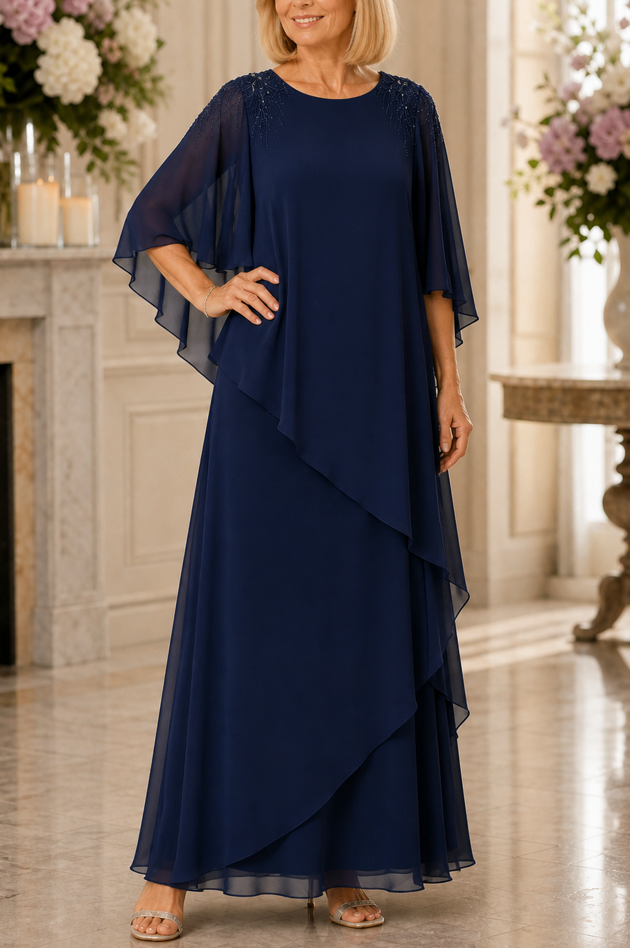 Chiffon Cape Sleeve Tiered Maxi Dress