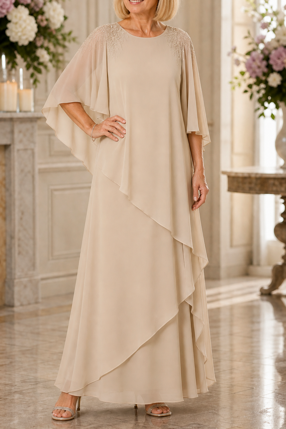 Chiffon Cape Sleeve Tiered Maxi Dress
