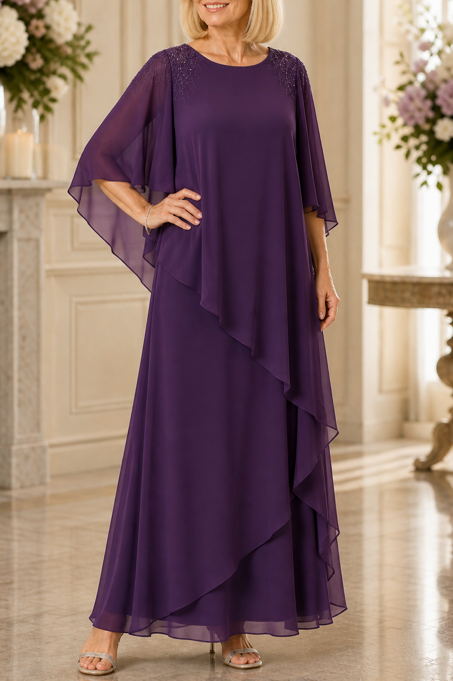 Chiffon Cape Sleeve Tiered Maxi Dress