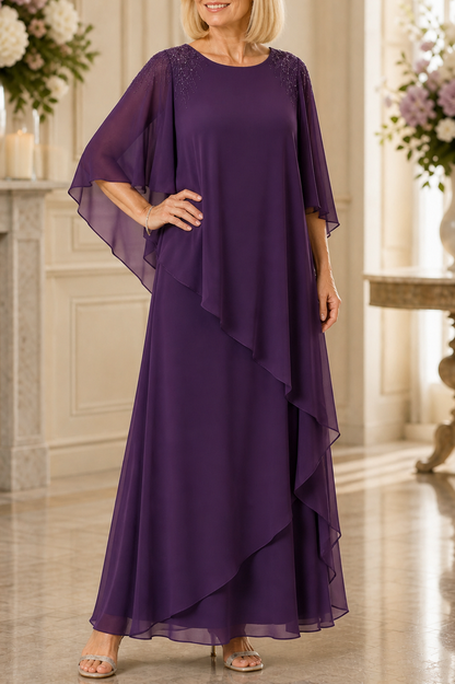 Chiffon Cape Sleeve Tiered Maxi Dress