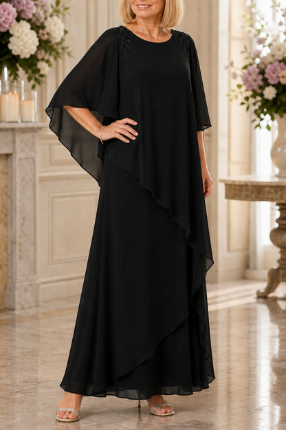 Chiffon Cape Sleeve Tiered Maxi Dress