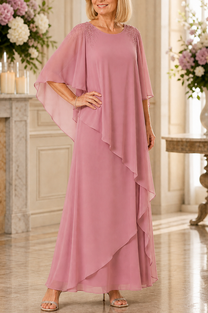 Chiffon Cape Sleeve Tiered Maxi Dress