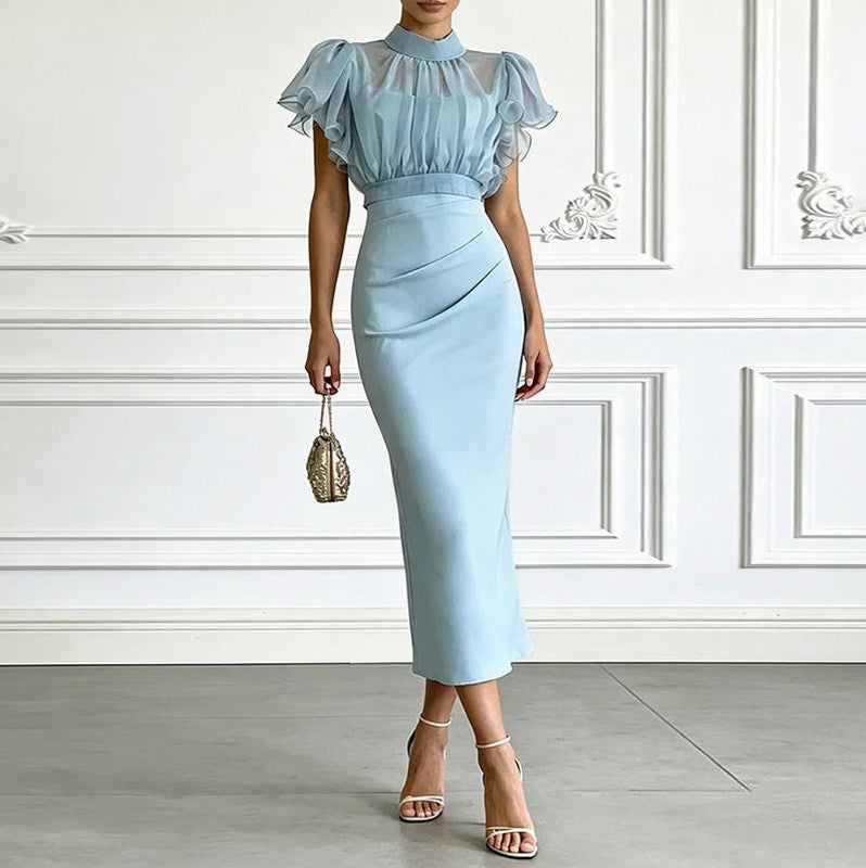 High Neck Flutter Sleeve Midi Dress