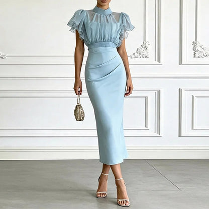 High Neck Flutter Sleeve Midi Dress
