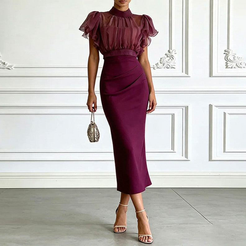 High Neck Flutter Sleeve Midi Dress