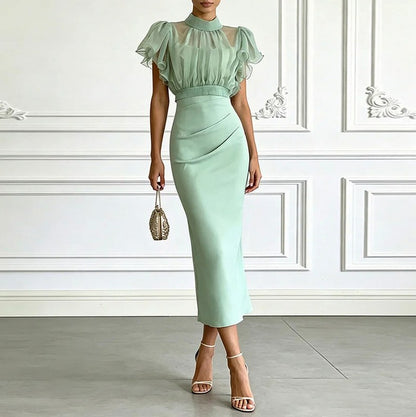 High Neck Flutter Sleeve Midi Dress