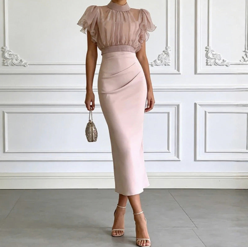High Neck Flutter Sleeve Midi Dress