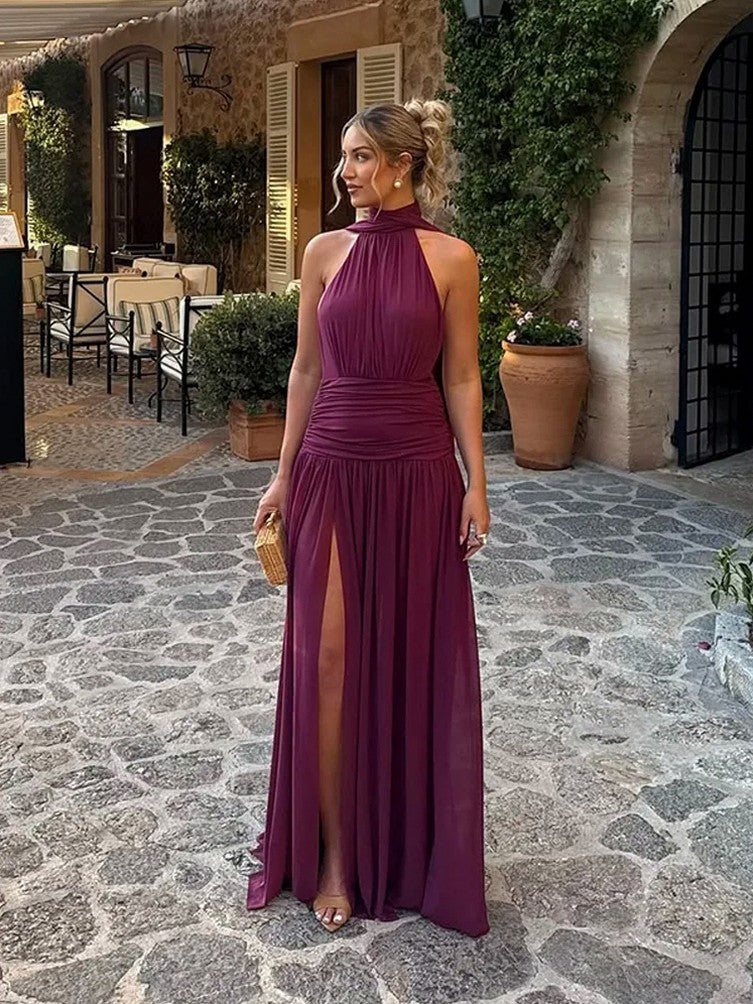 Chiffon Halter Drop Waist Maxi Dress