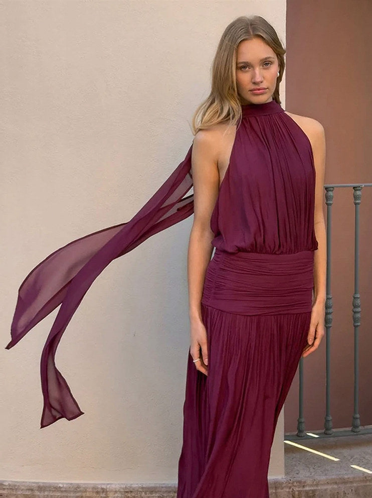 Chiffon Halter Drop Waist Maxi Dress