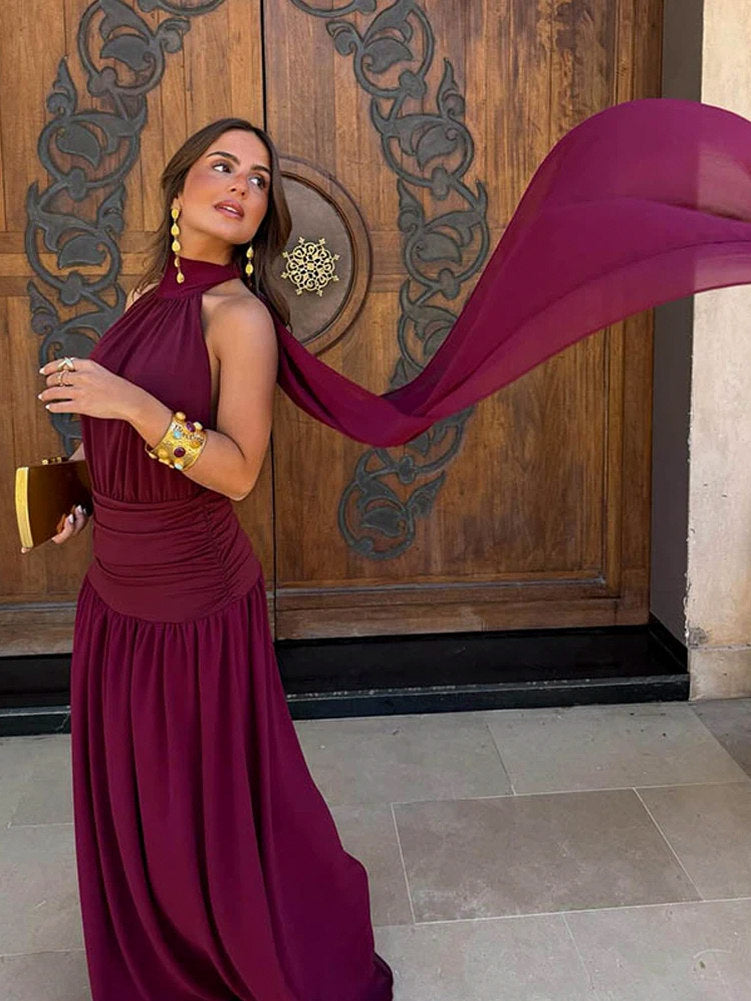 Chiffon Halter Drop Waist Maxi Dress