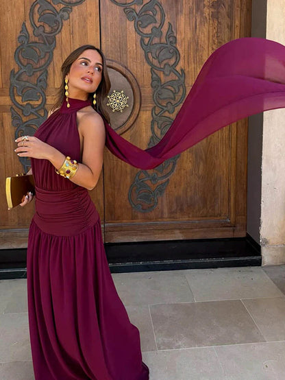 Chiffon Halter Drop Waist Maxi Dress