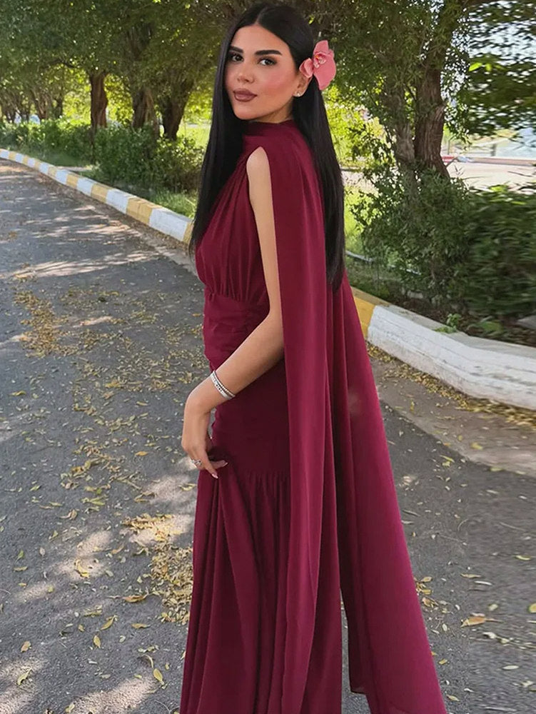 Chiffon Halter Drop Waist Maxi Dress