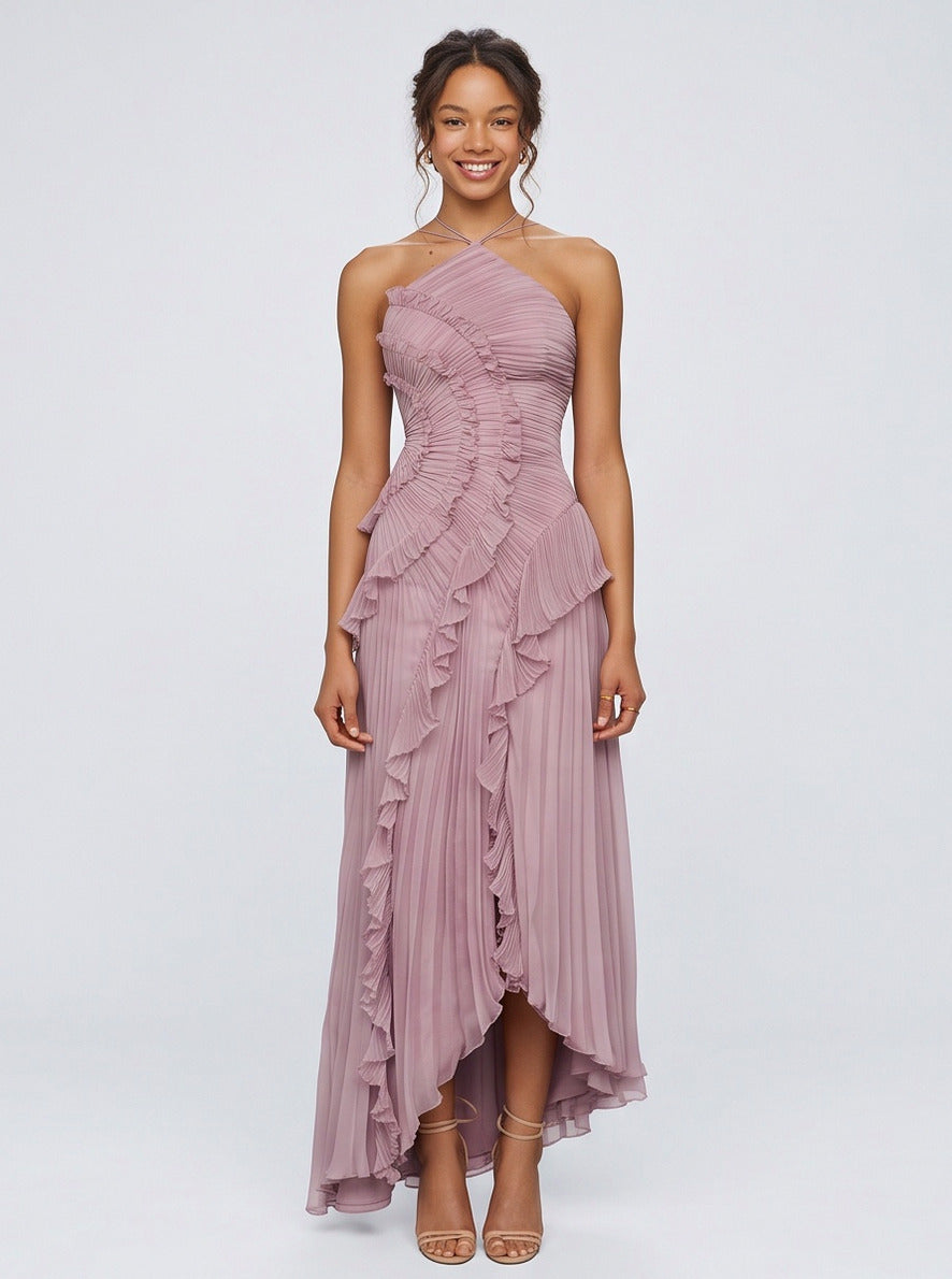 Chiffon Halter Pleated Maxi Dress