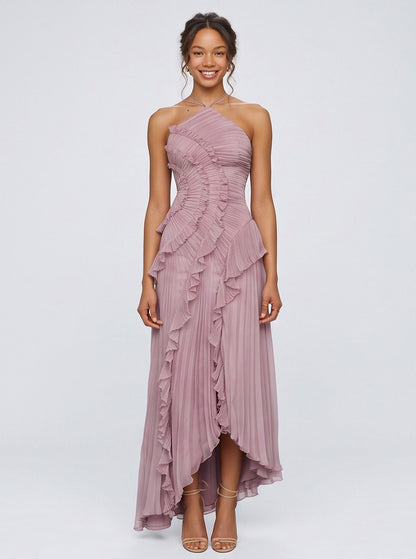 Chiffon Halter Pleated Maxi Dress