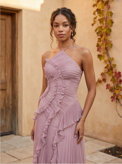 Chiffon Halter Pleated Maxi Dress