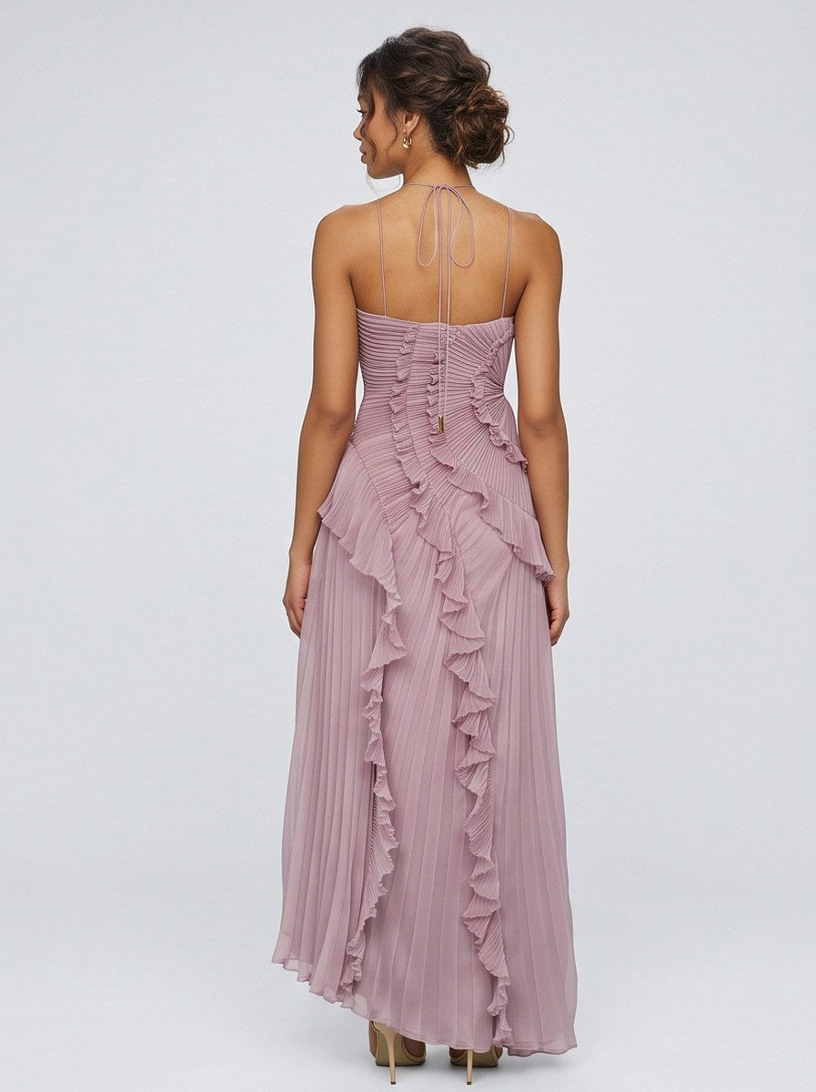 Chiffon Halter Pleated Maxi Dress