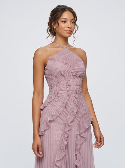 Chiffon Halter Pleated Maxi Dress