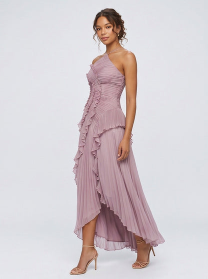 Chiffon Halter Pleated Maxi Dress
