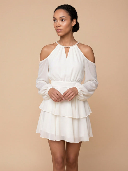 Chiffon Long Sleeve Halter Tiered Mini Dress